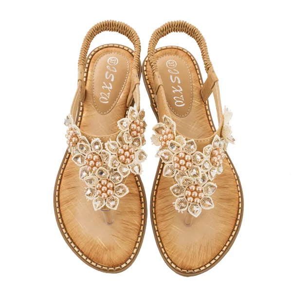 Bohême Chic / Belle Beige Désinvolte Cristal Pantoufle & Tongs 2020 En Dentelle Fleur Perle Plat Chaussures Femmes