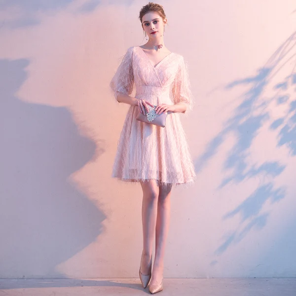 Chic / Beautiful Blushing Pink Homecoming Tassel Graduation Dresses 2020 A-Line / Princess V-Neck 1/2 Sleeves Backless Short Formal Dresses