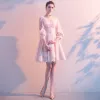 Chic / Beautiful Blushing Pink Homecoming Graduation Dresses 2020 A-Line / Princess V-Neck Tassel 3/4 Sleeve Short Formal Dresses