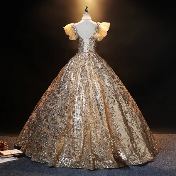 Sparkly Gold Sequins Prom Dresses 2021 Ball Gown V-Neck Lace Flower Rhinestone Ruffle Short Sleeve Backless Floor-Length / Long Prom Formal Dresses