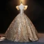 Sparkly Gold Sequins Prom Dresses 2021 Ball Gown V-Neck Lace Flower Rhinestone Ruffle Short Sleeve Backless Floor-Length / Long Prom Formal Dresses