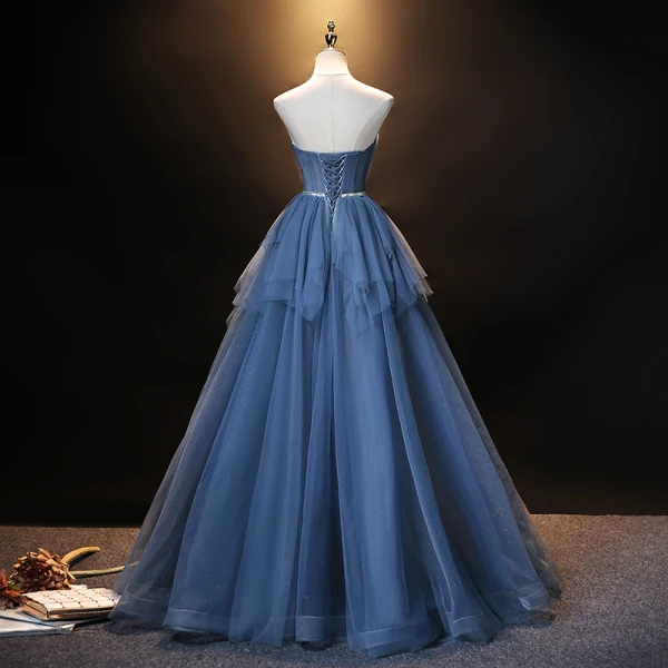 Fashion Ocean Blue Prom Dresses 2021 A-Line / Princess Strapless Rhinestone Sash Sleeveless Backless Floor-Length / Long Formal Dresses