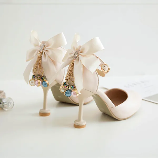 Lovely Candy Pink Dating Womens Shoes 2020 Pearl Bow Ankle Strap Round Toe 9 cm Stiletto Heels Heels