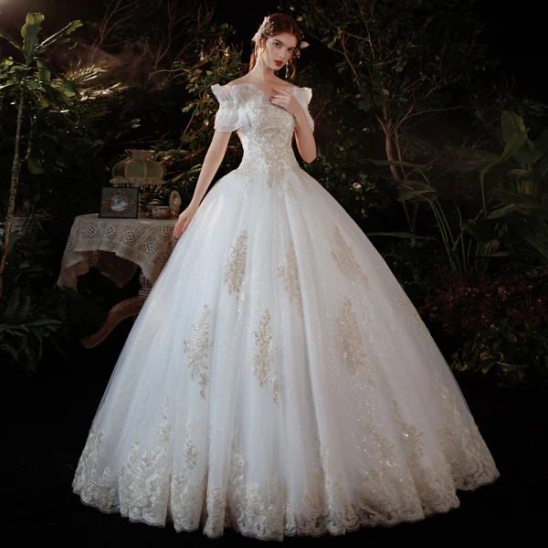Affordable Ivory Glitter Sequins Wedding Dresses 2021 Ball Gown Off-The-Shoulder Lace Flower Short Sleeve Backless Floor-Length / Long Wedding