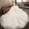 Chic / Beautiful Champagne Wedding Dresses 2018 Ball Gown Lace Appliques Sequins V-Neck Backless 1/2 Sleeves Cathedral Train Wedding