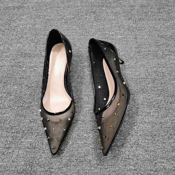 Chic / Beautiful Beige Casual Tulle Pumps 2020 Rivet 4 cm Stiletto Heels Low Heel Pointed Toe Pumps