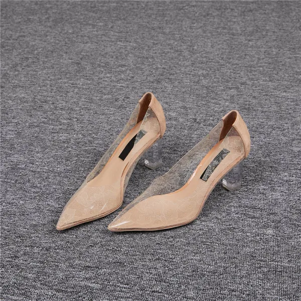 Transparent Beige Abend Pumps 2020 Leder Spitze 6 cm Kristall Thick Heels Spitzschuh Pumps