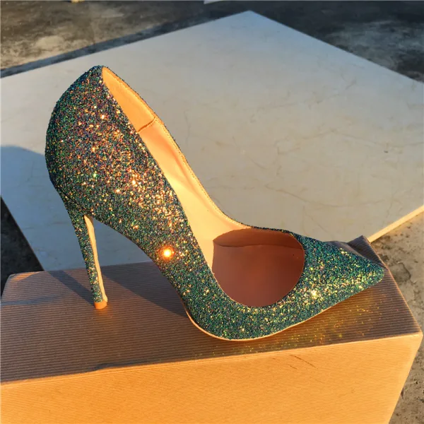 Glitzernden Grün Abend Pumps 2020 Glanz Pailletten 12 cm Stilettos Spitzschuh Pumps