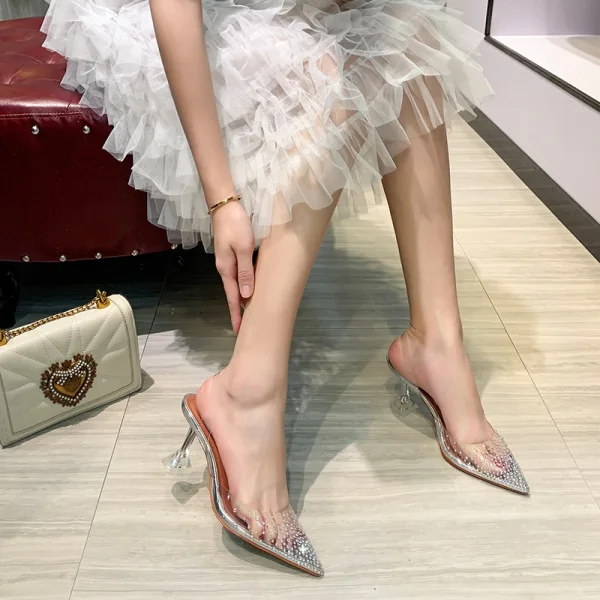Sexy Transparent Street Wear Rhinestone Womens Sandals 2020 9 cm Stiletto Heels Pointed Toe Sandals