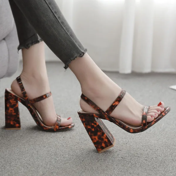 Chic / Beautiful Brown Street Wear Leopard Print Womens Sandals 2020 11 cm Thick Heels Open / Peep Toe Sandals