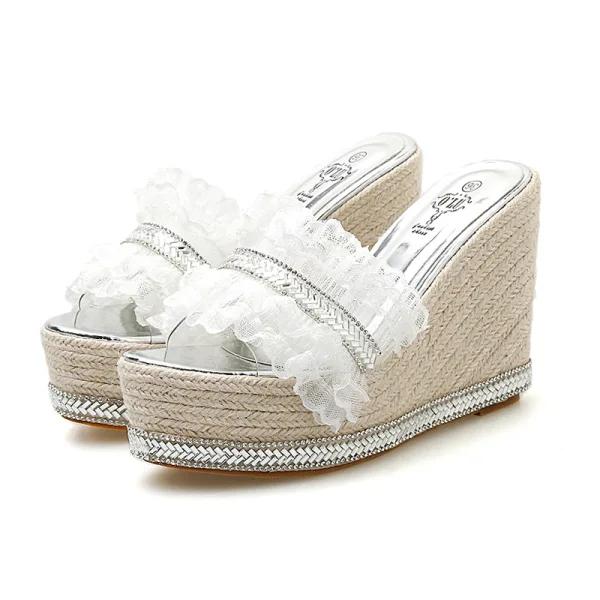 Chic / Beautiful Gold Beach Womens Sandals 2020 Lace Rhinestone 11 cm Wedges Open / Peep Toe Sandals