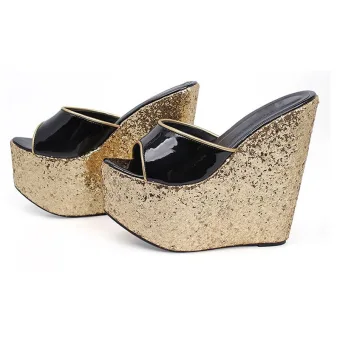 Amazing Unique Black Gold Rave Club Womens Sandals 2020 Sequins 15 Cm Wedges Open Peep Toe Sandals