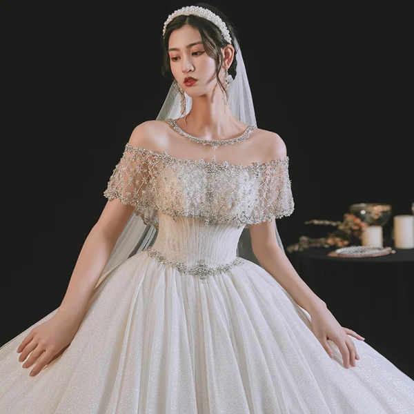 Luxury / Gorgeous Ivory Beading Rhinestone Sequins Wedding Dresses 2021 Ball Gown Scoop Neck Lace Flower Short Sleeve Backless Royal Train Wedding