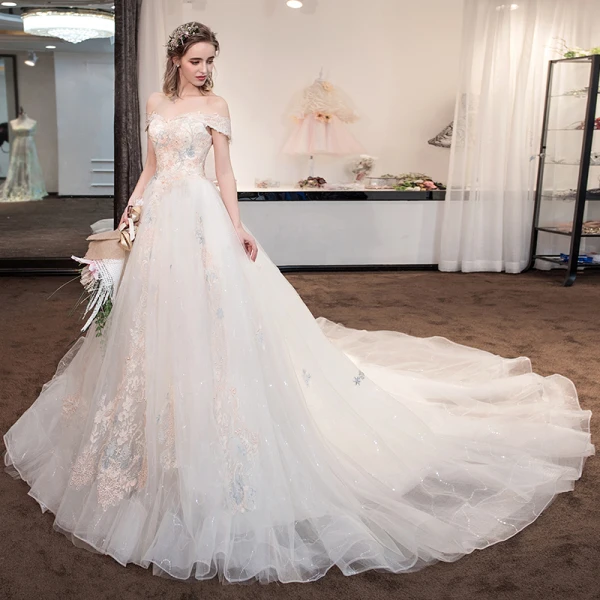 Chic / Beautiful Champagne Wedding Dresses 2018 A-Line / Princess Glitter Lace Flower Rhinestone Off-The-Shoulder Backless Sleeveless Cathedral Train Wedding