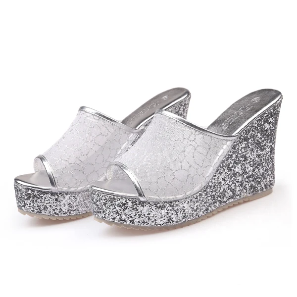 Sparkly Gold Summer Evening Party Womens Sandals 2020 Glitter Sequins 9 cm Wedges Open / Peep Toe Sandals