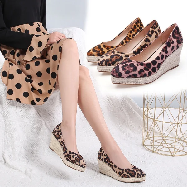 Chic / Beautiful Blushing Pink Street Wear Braid Womens Shoes 2020 Leopard Print 7 cm Wedges Pointed Toe