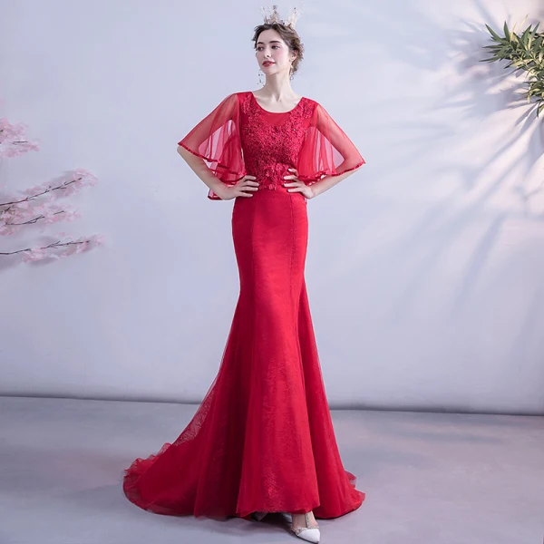 Chic / Beautiful Burgundy Evening Dresses 2020 Trumpet / Mermaid Scoop Neck Beading Sequins Lace Flower 1/2 Sleeves Backless Sweep Train Formal Dresses