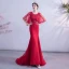 Chic / Beautiful Burgundy Evening Dresses  2020 Trumpet / Mermaid Scoop Neck Beading Sequins Lace Flower 1/2 Sleeves Backless Sweep Train Formal Dresses