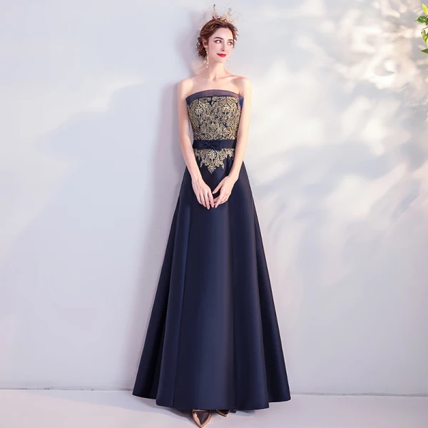 Vintage Marineblau Abendkleider 2020 A Linie Bandeau Strass Spitze Blumen Schleife Ärmellos Rückenfreies Lange Festliche Kleider