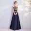 Vintage Marineblau Abendkleider 2020 A Linie Bandeau Strass Spitze Blumen Schleife Ärmellos Rückenfreies Lange Festliche Kleider