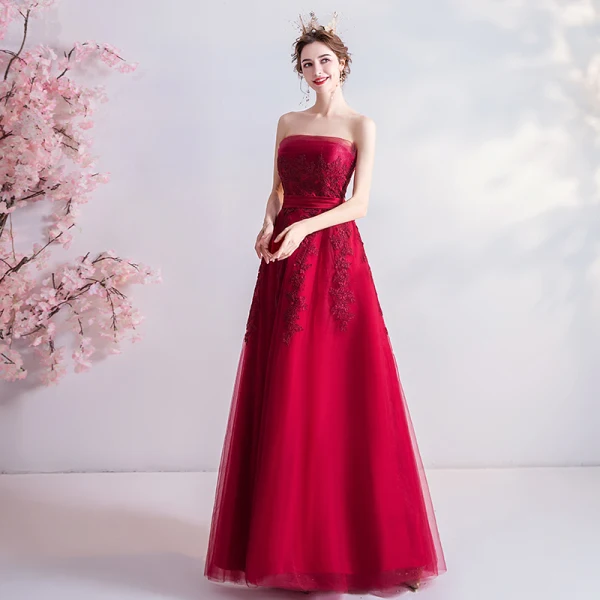 Chic Rouge Robe Demoiselle D'honneur 2020 Princesse Bustier En Dentelle Fleur Sans Manches Dos Nu Longue Robe Pour Mariage