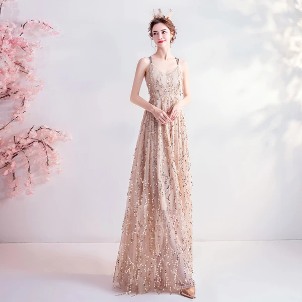 Fashion Gold Evening Dresses 2020 A-Line / Princess Spaghetti Straps Sequins Tassel Sleeveless Backless Floor-Length / Long Formal Dresses