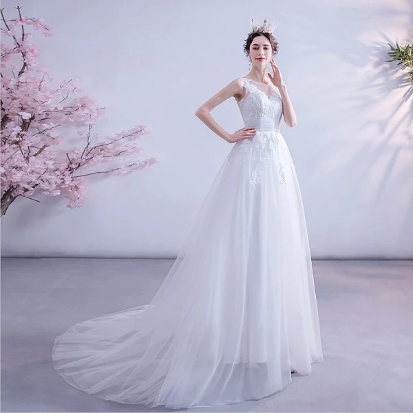 Abordable Blanche Robe De Mariée 2020 Princesse Encolure Dégagée En Dentelle Fleur Sans Manches Dos Nu Tribunal Train
