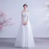 Affordable White Wedding Dresses 2020 A-Line / Princess Off-The-Shoulder Lace Flower 1/2 Sleeves Backless Floor-Length / Long Wedding