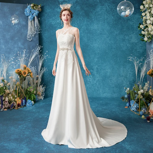 Abordable Ivoire Robe De Mariée 2020 Princesse Encolure Dégagée Perlage Cristal Perle En Dentelle Fleur Sans Manches Train De Balayage