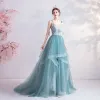 Classy Mint Green Prom Dresses 2020 A-Line / Princess Spaghetti Straps Lace Flower Sleeveless Backless Cascading Ruffles Sweep Train Formal Dresses