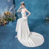 Affordable Ivory Wedding Dresses 2020 Trumpet / Mermaid Scoop Neck Lace Flower Sleeveless Backless Court Train