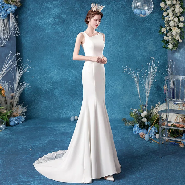 Affordable Ivory Wedding Dresses 2020 Trumpet / Mermaid Square Neckline Pierced Lace Flower Sleeveless Sweep Train