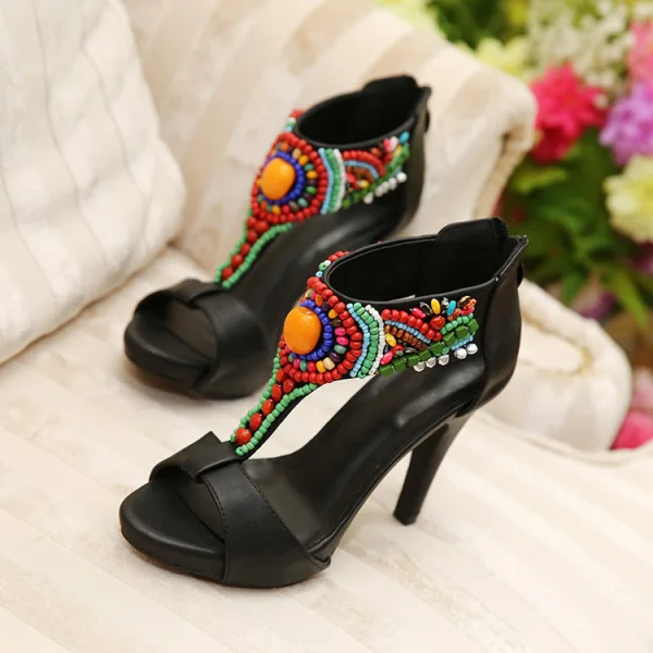 Mode Etnisk Svarta Casual Läder Sandaler Dam 2020 Beading T-Rem 11 cm Stilettklackar Peep Toe Sandaler