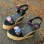 Etnisk Svarta Casual Läder Sandaler Dam 2020 Broderade 5 cm Kilklackar Peep Toe Sandaler