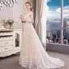 Modern / Fashion Champagne Wedding Dresses 2018 A-Line / Princess Star Off-The-Shoulder Backless Sleeveless Sweep Train Wedding