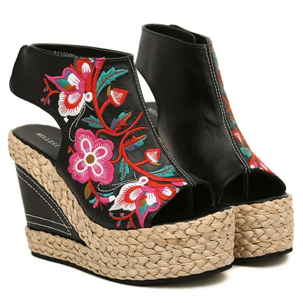 Chic / Beautiful Black Street Wear Womens Sandals 2020 Leather Braid Embroidered 11 cm Wedges Open / Peep Toe Sandals