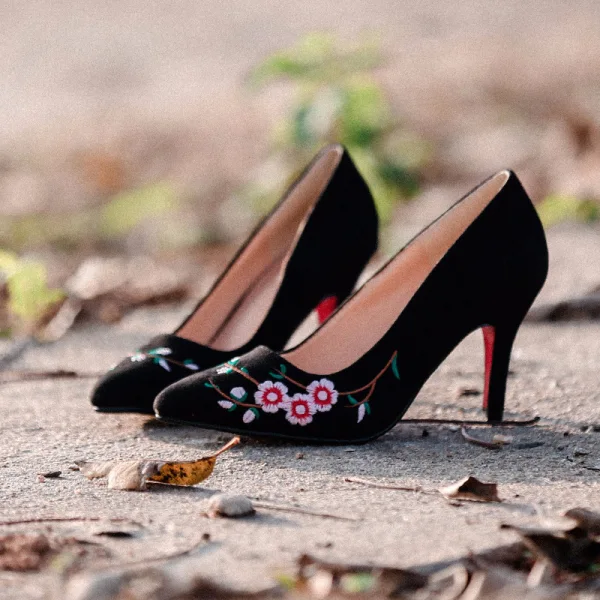 Chic / Belle Noire Vêtement de rue Daim Escarpins 2020 Brodé 7 cm Talons Aiguilles À Bout Pointu Escarpins