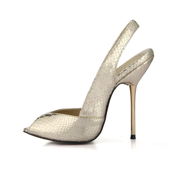 Chic / Beautiful Black Street Wear Slingbacks Womens Sandals 2020 Snakeskin Print 11 cm Stiletto Heels Open / Peep Toe Sandals