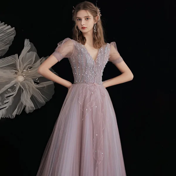 Luxury / Gorgeous Beading Sequins Lavender Evening Dresses  Prom Dresses 2021 A-Line / Princess Scoop Neck Short Sleeve Backless Floor-Length / Long Evening Party Formal Dresses