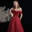 Charming Sparkly Red Glitter Prom Dresses 2021 A-Line / Princess Off-The-Shoulder Bow Sequins Sleeveless Backless Floor-Length / Long Prom Formal Dresses