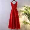 Chic / Beautiful Red Formal Dresses Evening Dresses  2017 Lace Bow Ankle Length V-Neck Empire Sleeveless