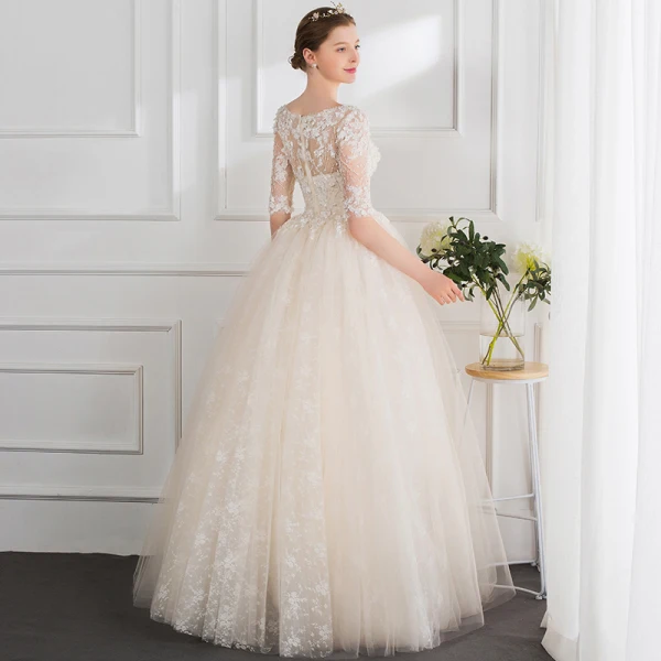 Mode Champagne Bröllopsklänningar 2018 Balklänning Beading Pärla Appliqués Urringning 1/2 ärm Långa Bröllop