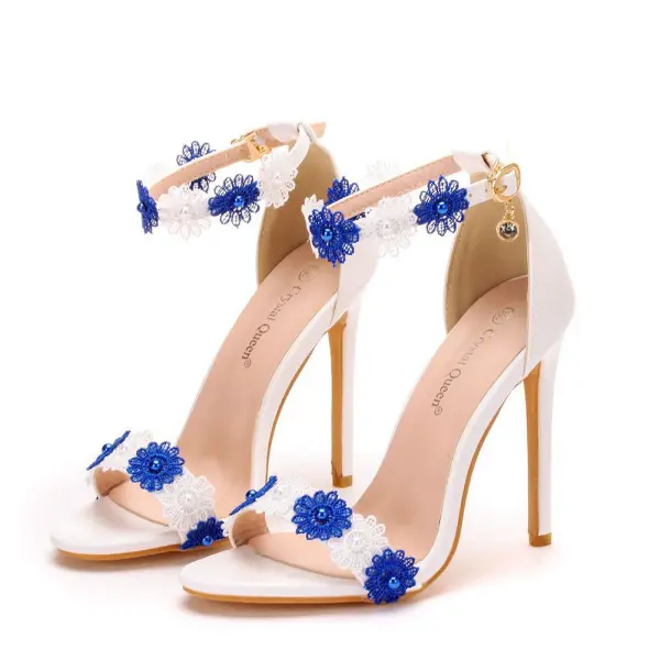 Chic / Beautiful White Outdoor / Garden Womens Sandals 2020 Pearl Lace Flower 11 cm Stiletto Heels Open / Peep Toe Sandals