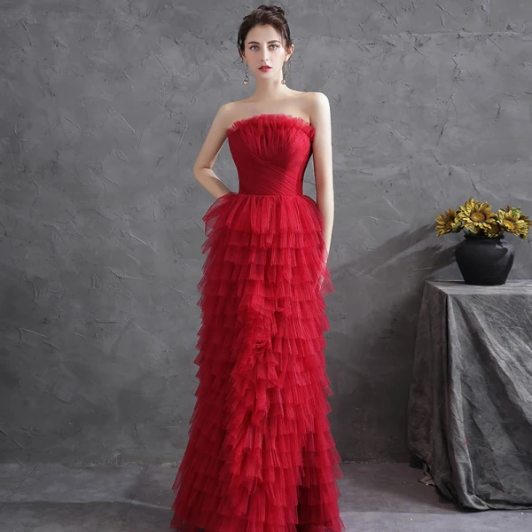 Sexy Red Pleated Evening Dresses  2021 A-Line / Princess Strapless Sleeveless Backless Evening Party Floor-Length / Long Formal Dresses