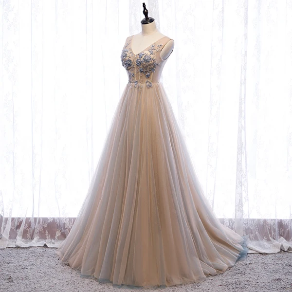 Charming Champagne Evening Dresses 2020 A-Line / Princess V-Neck Beading Pearl Rhinestone Sequins Lace Flower Sleeveless Backless Floor-Length / Long Formal Dresses