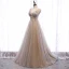 Charming Champagne Evening Dresses  2020 A-Line / Princess V-Neck Beading Pearl Rhinestone Sequins Lace Flower Sleeveless Backless Floor-Length / Long Formal Dresses