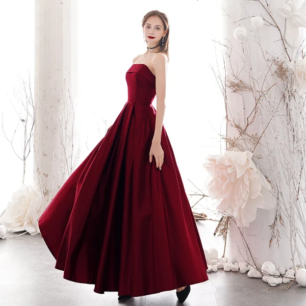 maroon elegant evening dresses Burgundy Mermaid Prom Dress,Lace Elegant Evening Dress,Strapless Prom Dress PD00052, US18W / Red main image 1