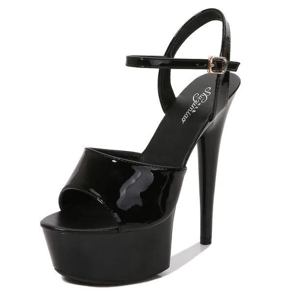 Sexy Schwarz Karneval Club Sandalen Damen 2020 Knöchelriemen 15 cm Stilettos Peeptoes Sandaletten