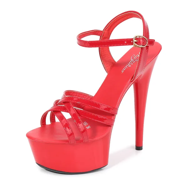 Chic / Beautiful Black Rave Club Womens Sandals 2020 Ankle Strap 15 cm Stiletto Heels Open / Peep Toe Sandals