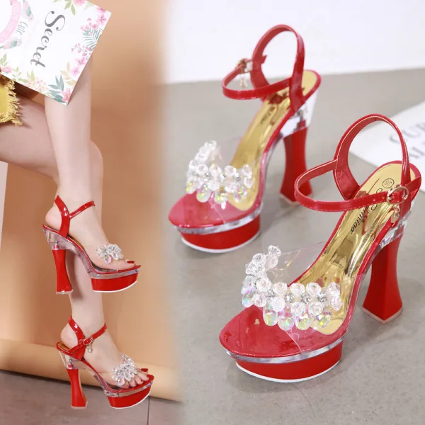 Schöne Weiß Garten / Im Freien Sandalen Damen 2020 Kristall Strass Knöchelriemen 14 cm Thick Heels Peeptoes Sandaletten
